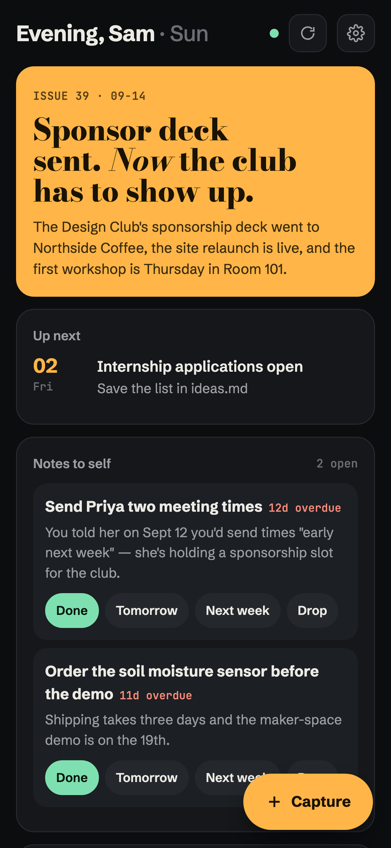 Brain's phone app on the example notes: cover story, Up next and Notes to self